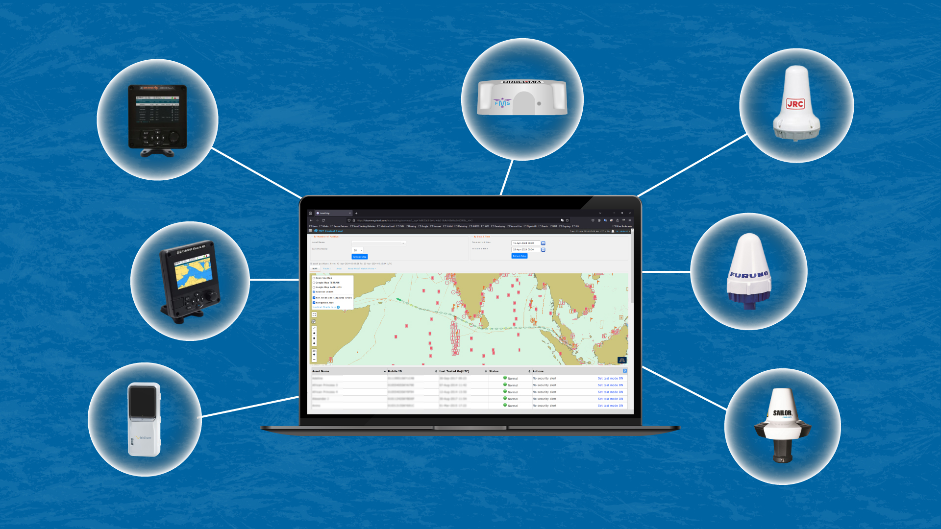 Access Anytime, Anywhere: Access Electronic Nautical Charts through various devices, including Inmarsat-C, AIS, Iridium Solar Edge, and FMT Hardware. • Furuno SSAS – Felcom 12, Felcom 15, Felcom 16, Felcom 18 and higher models; • JRC SSAS – JUE-75C, JUE-85C; JUE-95C, JUE-95SA; • Cobham – SAILOR TT 3000 Series, SAILOR 6000 Series mini-C SSAS; • A100, A200 AIS Class A (em-trak) • FA-170 AIS Class A (Furuno) • JHS-183 AIS Class A (JRC) • SAILOR 6280, 6281 Ship AIS Class-A (Cobham) • Iridium Solar Edge • FMT-MAT-V1, FMT-SSAS-V1 (Falcon Mega Solutions)