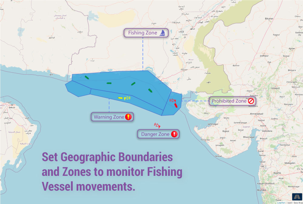 Set geographic boundaries and zones to monitor fishing vessel movements. Receive alerts when vessels enter or exit these predefined zones. Prevent vessels from trailing off to prohibited waters