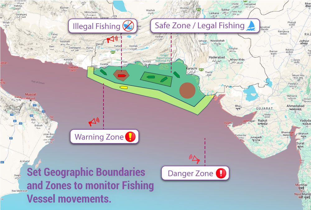 Set geographic boundaries and zones to monitor fishing vessel movements. Receive alerts when vessels enter or exit these predefined zones. Prevent vessels from trailing off to prohibited waters