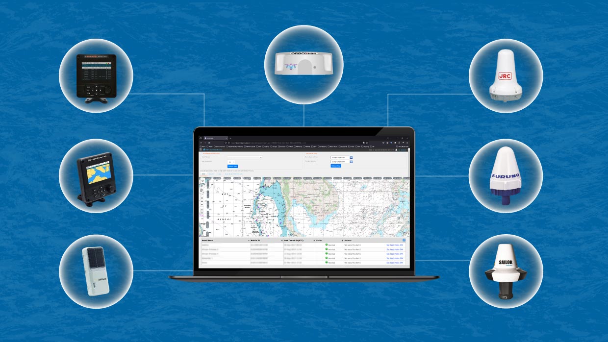 A laptop displaying a nautical chart and vessel tracking interface, connected to various maritime communication and navigation devices, including antennas and shipboard displays, against a blue ocean-themed background.