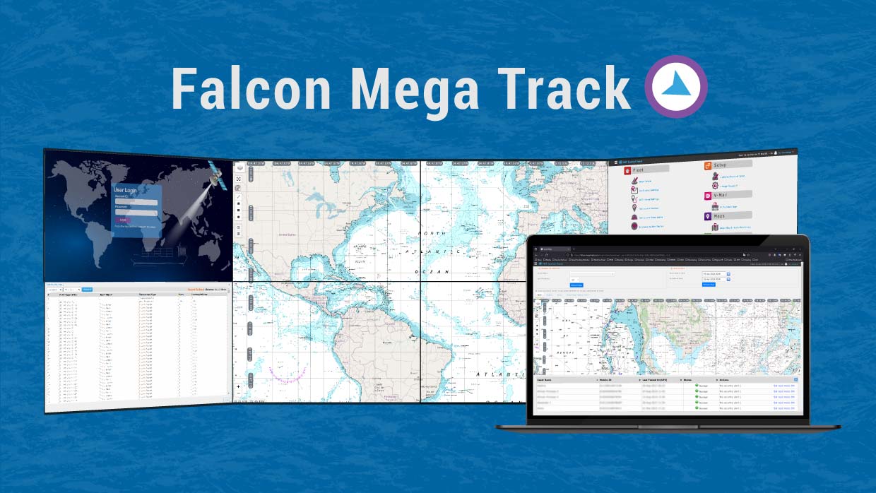 Falcon Mega Track platform displaying global vessel tracking interface on multi-screen and laptop.