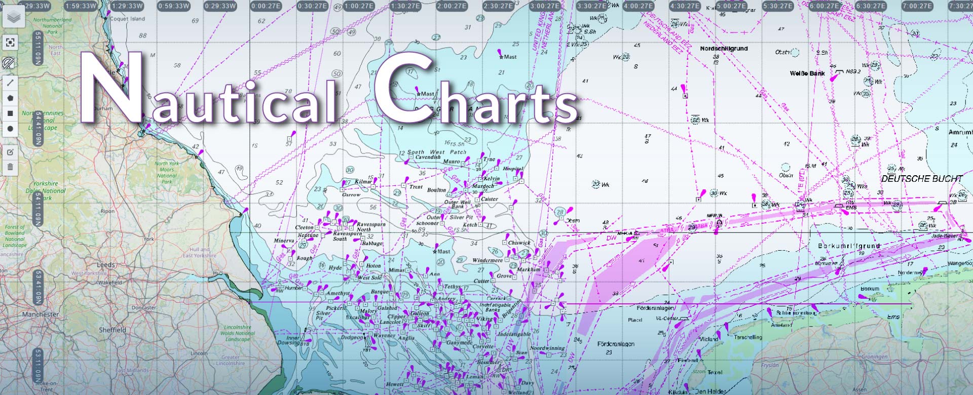 Nautical chart map overlay showing marine navigation details along the eastern UK coast and North Sea, including depth contours, traffic separation schemes, and coastal data.