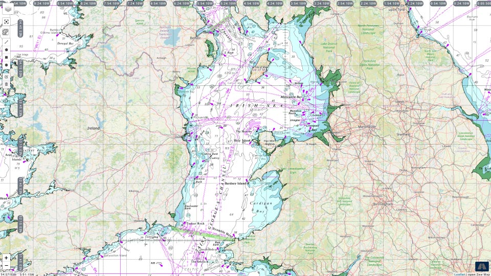 Digital nautical chart showing maritime navigation routes between Ireland and the United Kingdom with coastal details, depth markings, and port information.