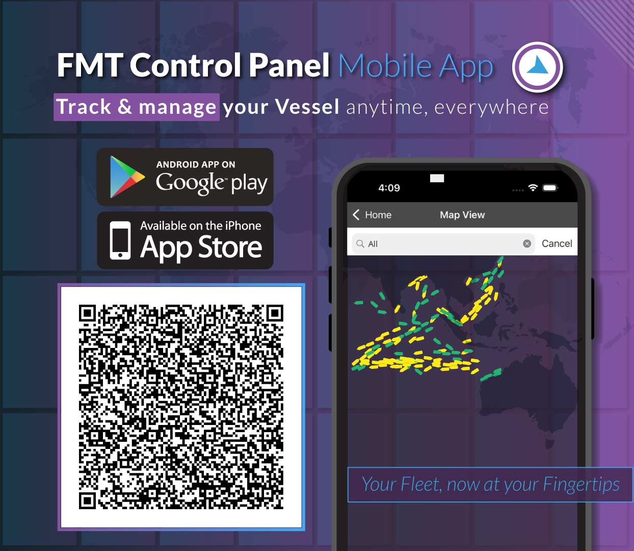 Smartphone display showing the FMT Control Panel App with Google Play and App Store download buttons, QR code, and vessel tracking maps in the background.
