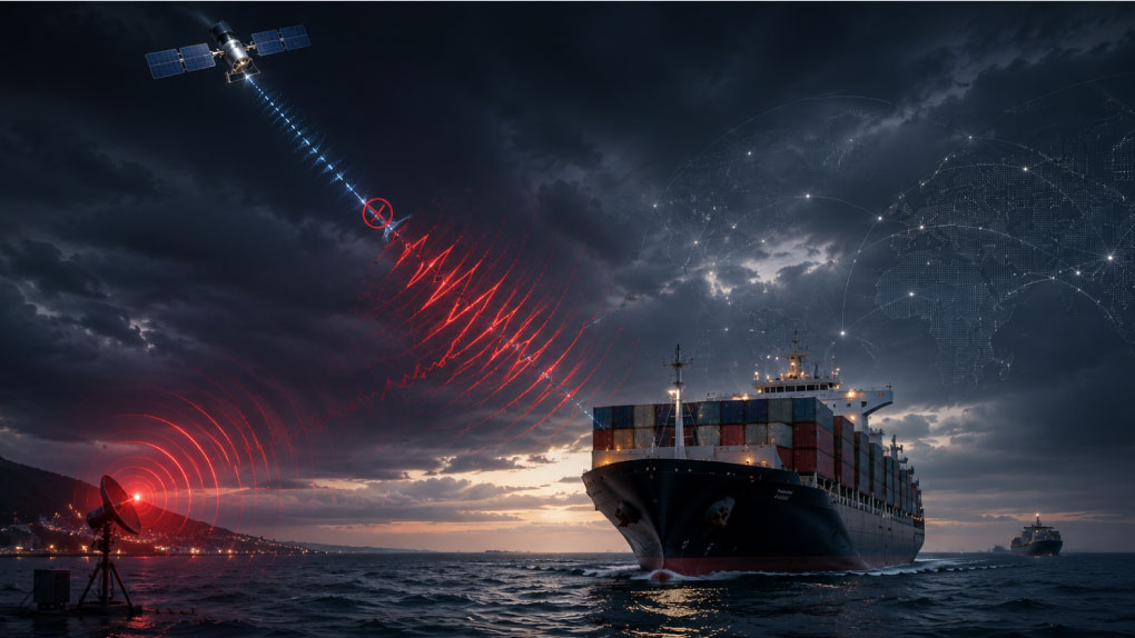 Falcon Mega Track platform displaying global vessel tracking interface on multi-screen and laptop.