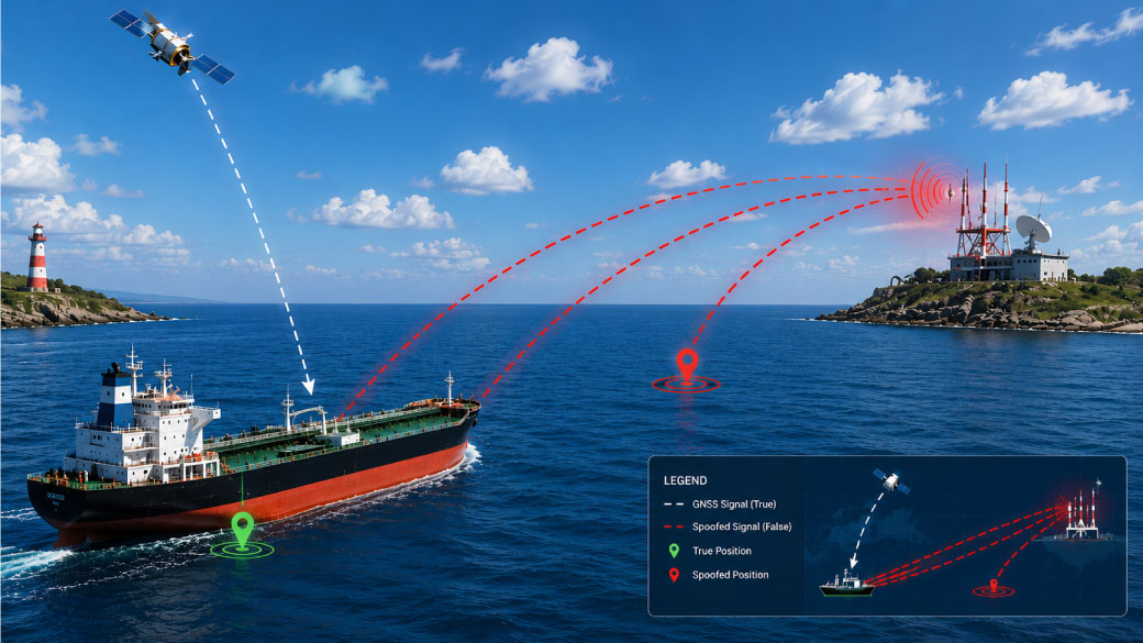 A laptop displaying a nautical chart and vessel tracking interface, connected to various maritime communication and navigation devices, including antennas and shipboard displays, against a blue ocean-themed background.