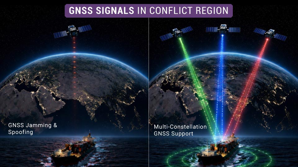 Split-view illustration of GNSS signal performance at sea, showing a cargo ship under Earth at night. The left side displays a single satellite with a broken, intermittent red signal beam indicating interference, while the right side shows multiple satellites transmitting stable green, blue, and red signals to the ship.